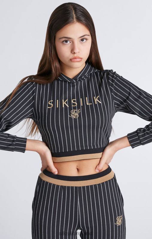 SikSilk Girls Black Baseball Stripe Cropped Hoodie XTFJ337 Apparel