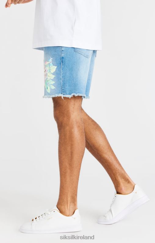 SikSilk Men Raw Floral Denim Shorts - Light Midstone Blue XTFJ601 Apparel