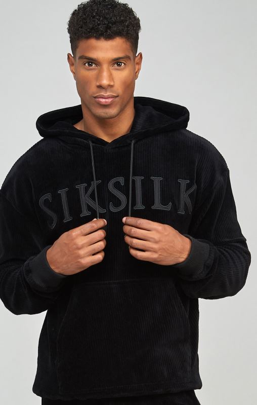 SikSilk Men Black Corduroy Applique Logo Overhead Hoodie XTFJ414 Apparel