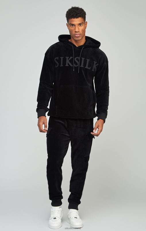 SikSilk Men Black Corduroy Applique Logo Overhead Hoodie XTFJ414 Apparel