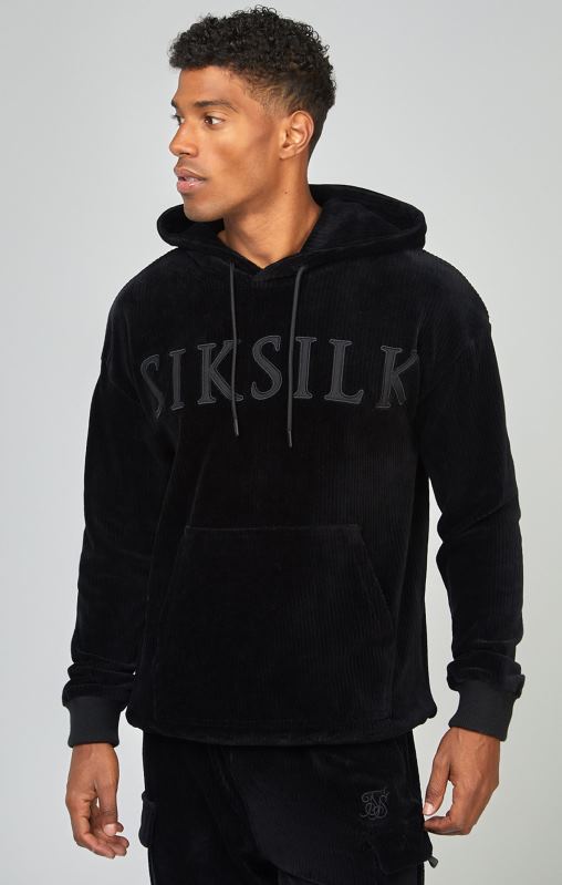 SikSilk Men Black Corduroy Applique Logo Overhead Hoodie XTFJ414 Apparel