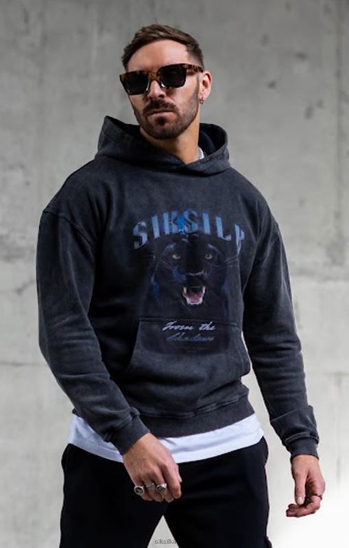 SikSilk Men Black Graphic Slim Cropped Hoodie XTFJ440 Apparel