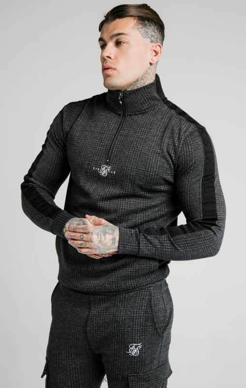SikSilk Men Tonal Check Quarter Zip Hoodie - Grey XTFJ450 Apparel