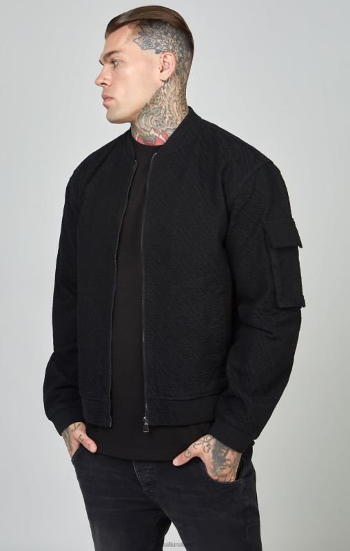 SikSilk Men Black Repeat Logo Denim Bomber Jacket XTFJ491 Apparel