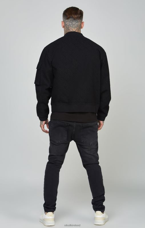 SikSilk Men Black Repeat Logo Denim Bomber Jacket XTFJ491 Apparel