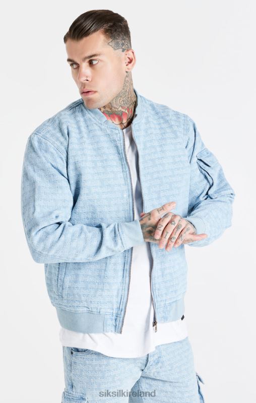 SikSilk Men Blue Jacquard Denim Bomber Jacket XTFJ471 Apparel