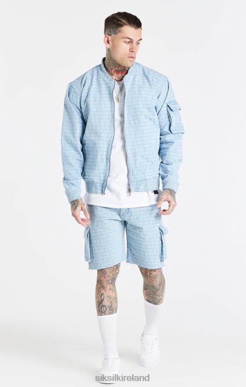 SikSilk Men Blue Jacquard Denim Bomber Jacket XTFJ471 Apparel