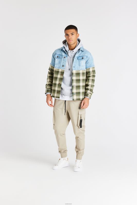 SikSilk Men Green Plaid Contrast Denim Jacket XTFJ496 Apparel