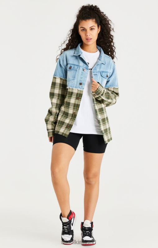 SikSilk Men Green Plaid Contrast Denim Jacket XTFJ496 Apparel