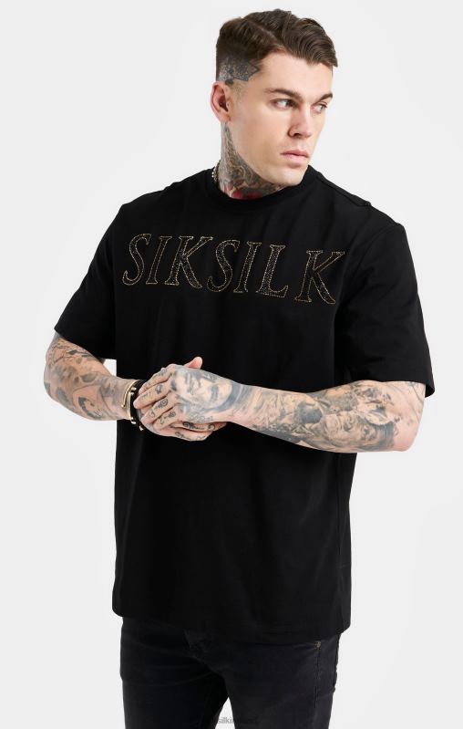 SikSilk Men Black Oversized Rhinestone Logo T-Shirt XTFJ383 Apparel