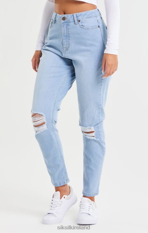 SikSilk Women Light Blue Knee Rip Denim Mom Jean XTFJ189 Apparel