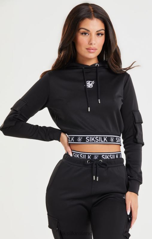 SikSilk Women Black Cropped Cargo Hoodie XTFJ116 Apparel