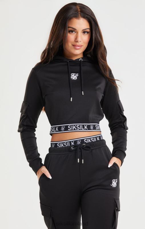 SikSilk Women Black Cropped Cargo Hoodie XTFJ116 Apparel