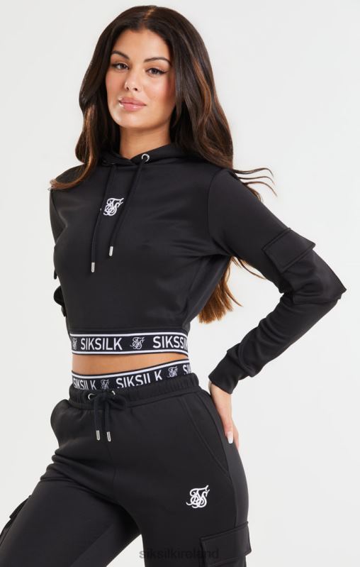 SikSilk Women Black Cropped Cargo Hoodie XTFJ116 Apparel