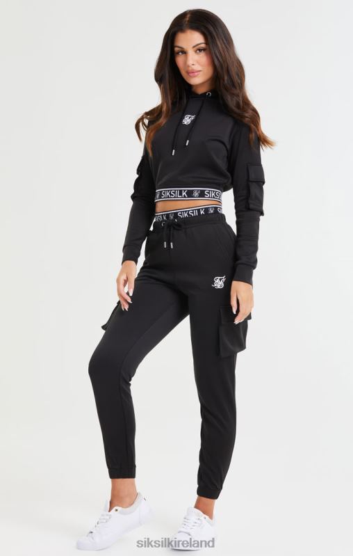 SikSilk Women Black Cropped Cargo Hoodie XTFJ116 Apparel