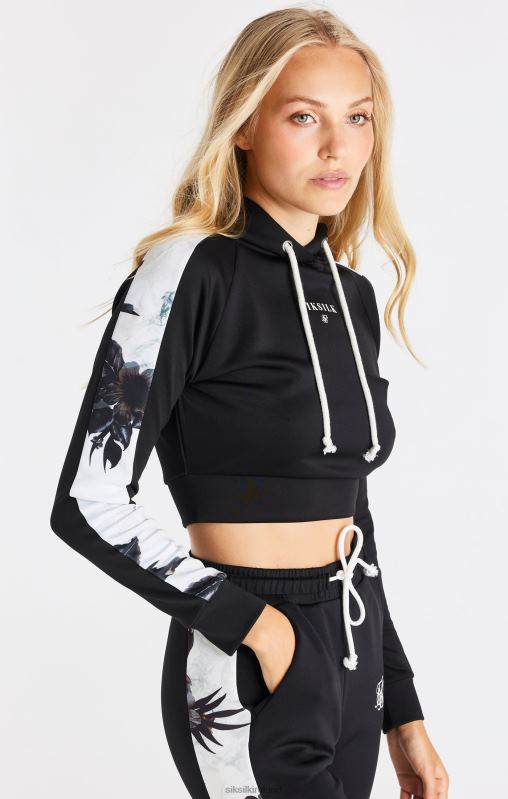 SikSilk Women Black Floral Panel Sleeve Crop Hoodie XTFJ114 Apparel