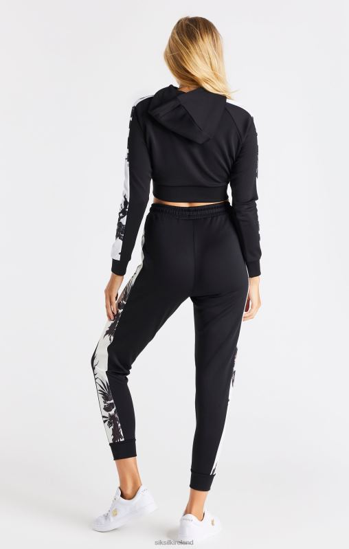 SikSilk Women Black Floral Panel Sleeve Crop Hoodie XTFJ114 Apparel