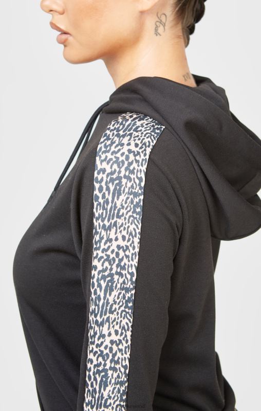 SikSilk Women Black Leopard Print Panelled Hoodie XTFJ80 Apparel