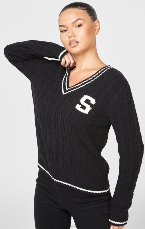 SikSilk Women Black Varsity Cable Knit Sweater XTFJ105 Apparel