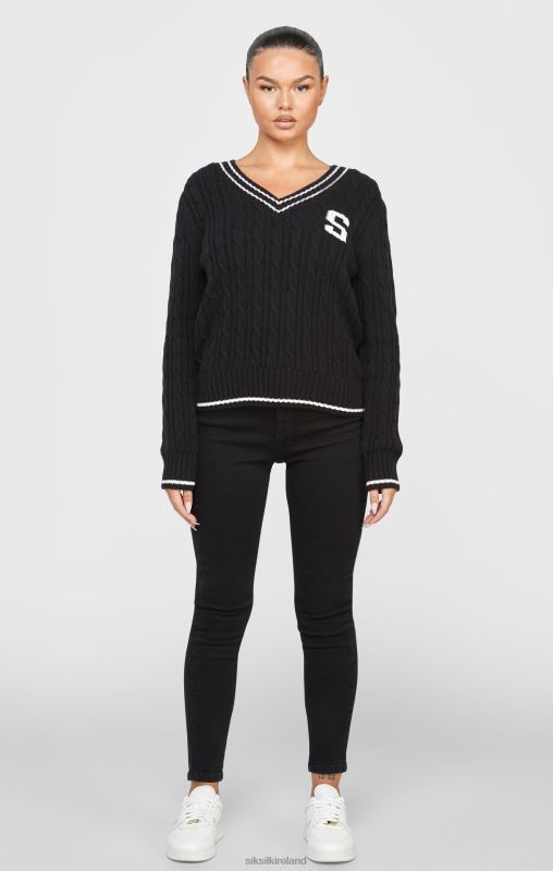 SikSilk Women Black Varsity Cable Knit Sweater XTFJ105 Apparel