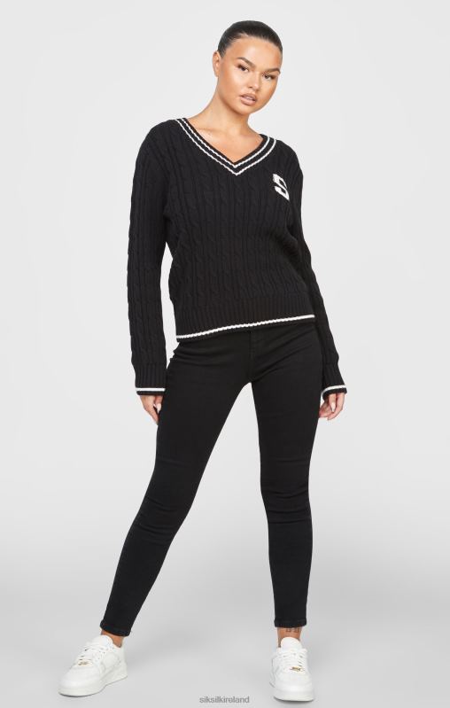SikSilk Women Black Varsity Cable Knit Sweater XTFJ105 Apparel