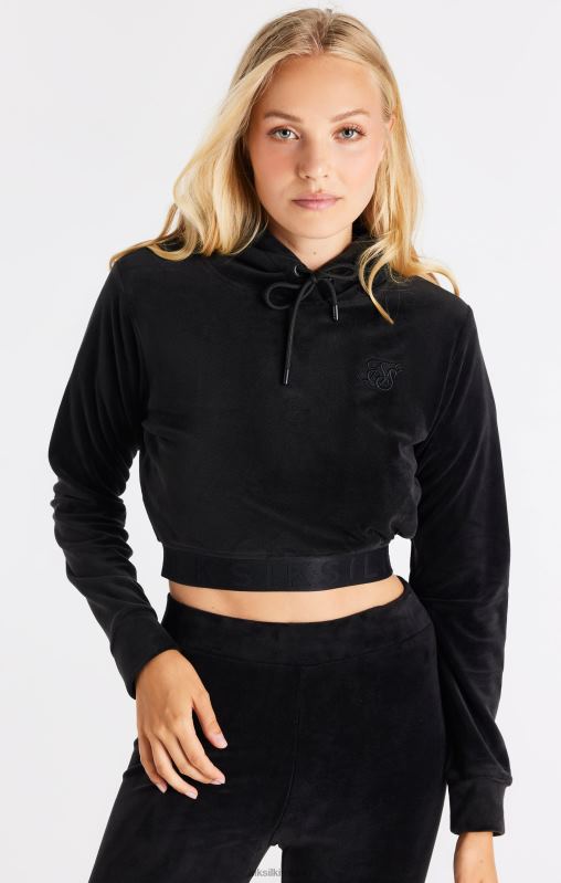 SikSilk Women Black Velour Cropped Hoodie XTFJ94 Apparel