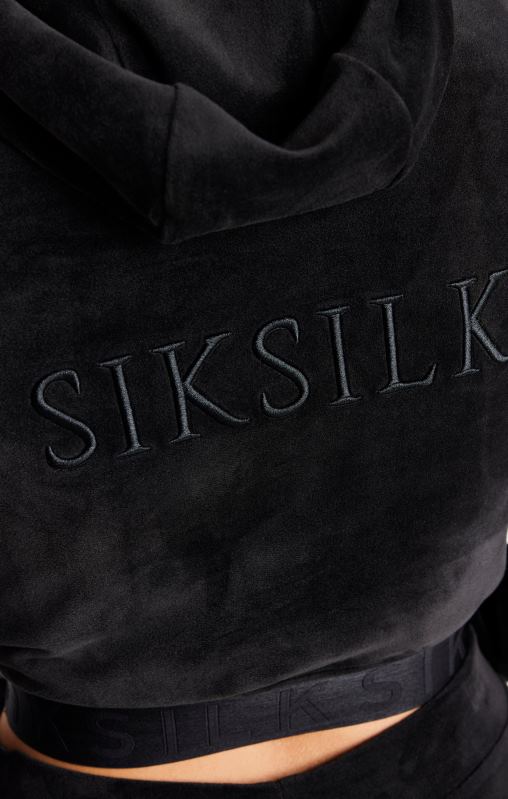 SikSilk Women Black Velour Cropped Hoodie XTFJ94 Apparel