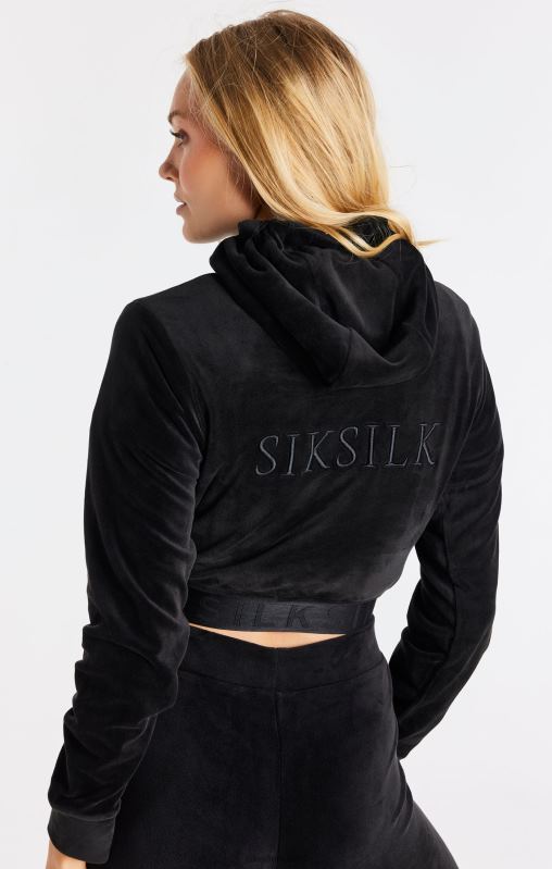SikSilk Women Black Velour Cropped Hoodie XTFJ94 Apparel