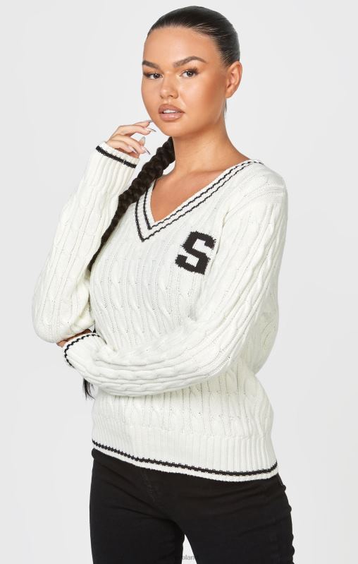 SikSilk Women Ecru Varsity Cable Knit Sweater XTFJ79 Apparel