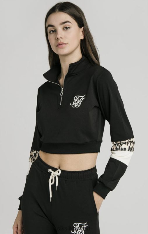 SikSilk Women Quarter Leopard Track Top - Black XTFJ119 Apparel