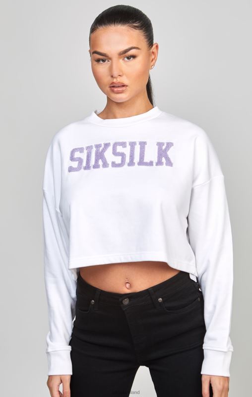 SikSilk Women White Crop Varsity Sweatshirt XTFJ84 Apparel
