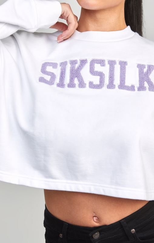 SikSilk Women White Crop Varsity Sweatshirt XTFJ84 Apparel