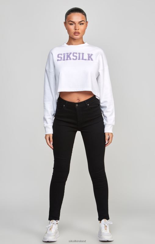 SikSilk Women White Crop Varsity Sweatshirt XTFJ84 Apparel