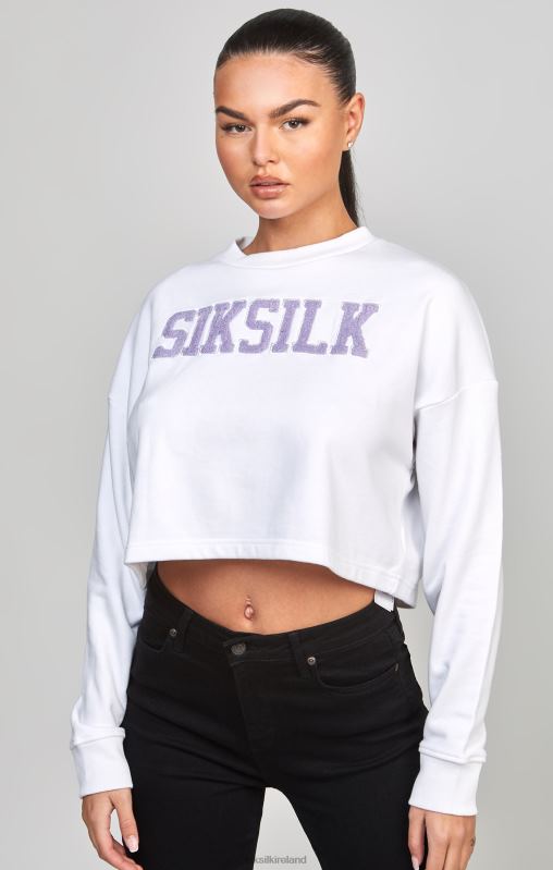 SikSilk Women White Crop Varsity Sweatshirt XTFJ84 Apparel