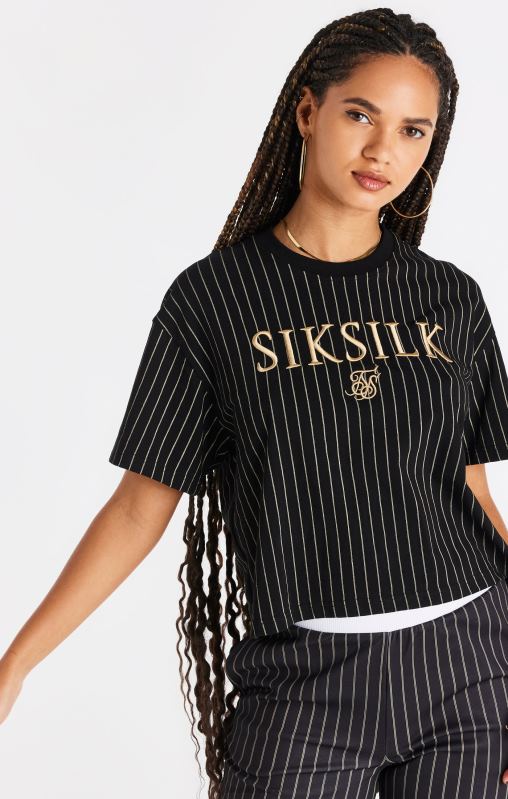 SikSilk Women Black Pinstripe T-Shirt XTFJ66 Apparel