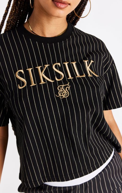 SikSilk Women Black Pinstripe T-Shirt XTFJ66 Apparel