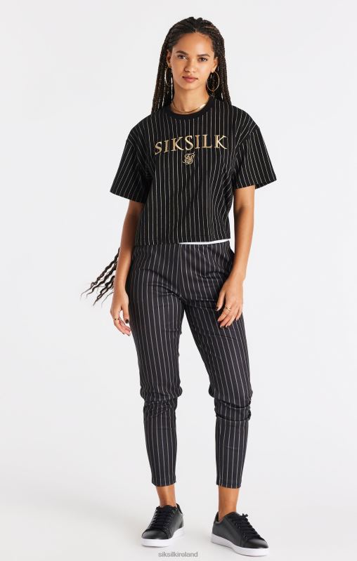 SikSilk Women Black Pinstripe T-Shirt XTFJ66 Apparel