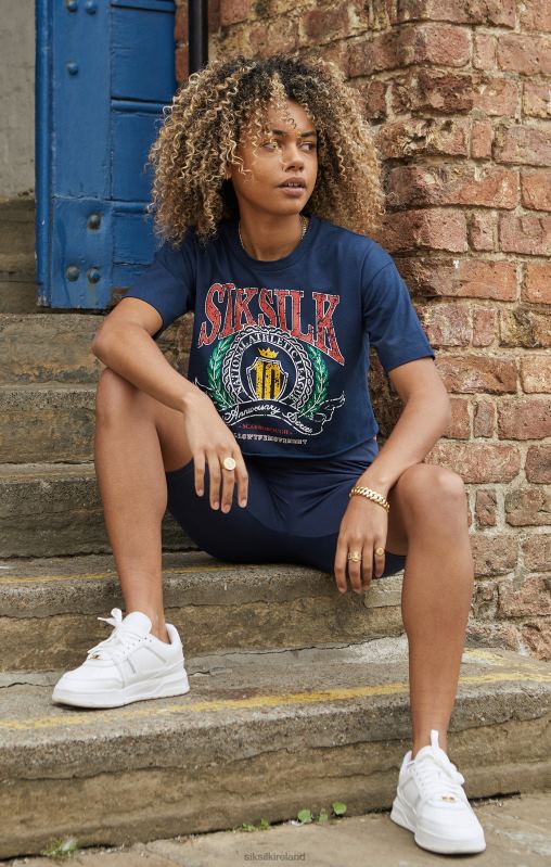 SikSilk Women Navy Crop Varsity T-Shirt XTFJ28 Apparel