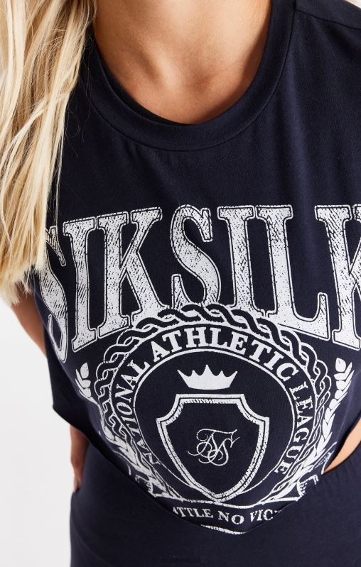 SikSilk Women Navy Varsity Cropped T-Shirt XTFJ51 Apparel