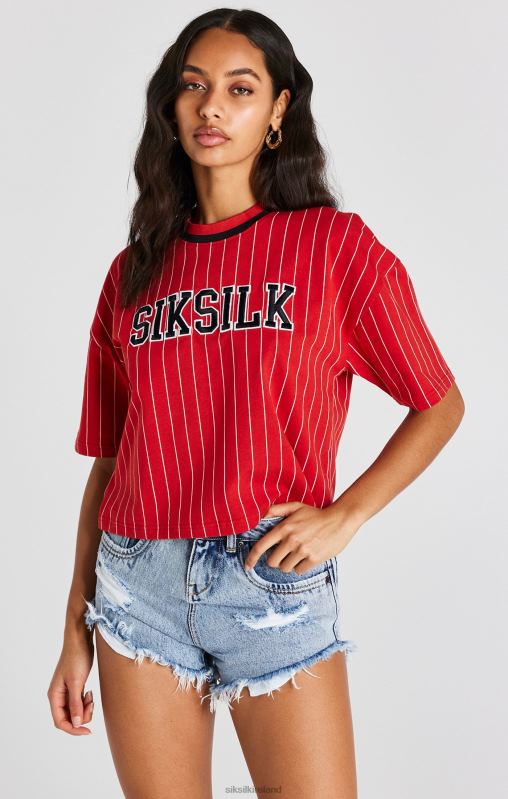 SikSilk Women Red Baseball Stripe T-Shirt XTFJ44 Apparel