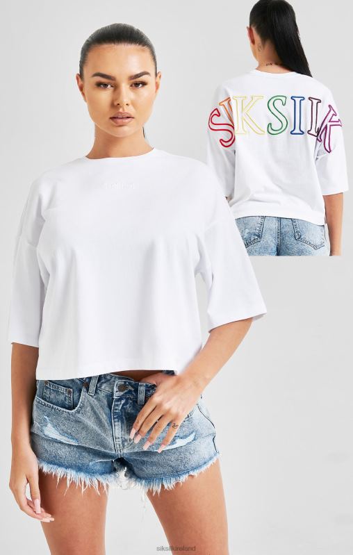 SikSilk Women White Branded Crop T-Shirt Rainbow XTFJ47 Apparel