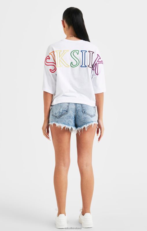 SikSilk Women White Branded Crop T-Shirt Rainbow XTFJ47 Apparel