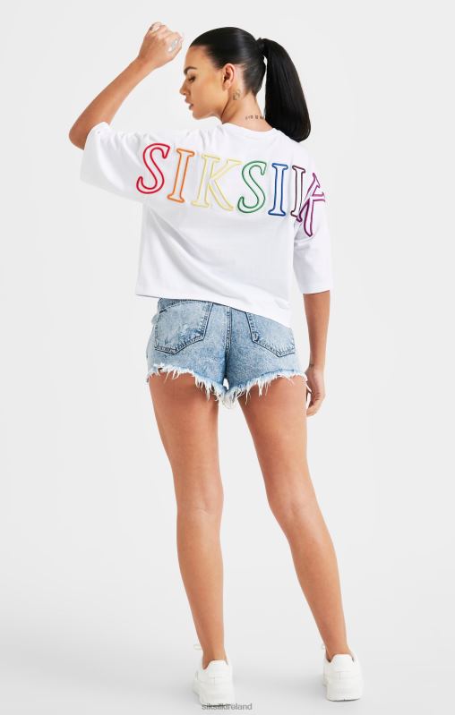 SikSilk Women White Branded Crop T-Shirt Rainbow XTFJ47 Apparel