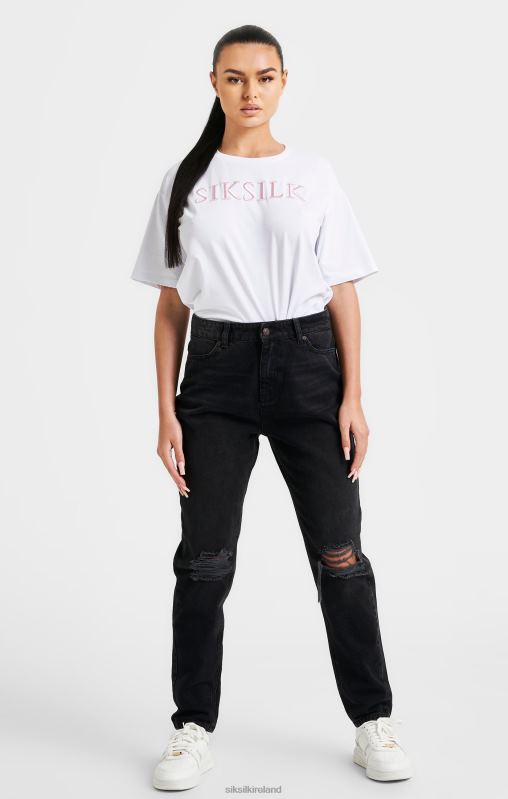SikSilk Women White Embroidered Boyfriend T-Shirt XTFJ69 Apparel