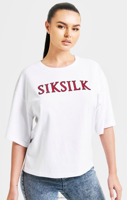 SikSilk Women White Sparkle Boxy Crop T-Shirt XTFJ35 Apparel