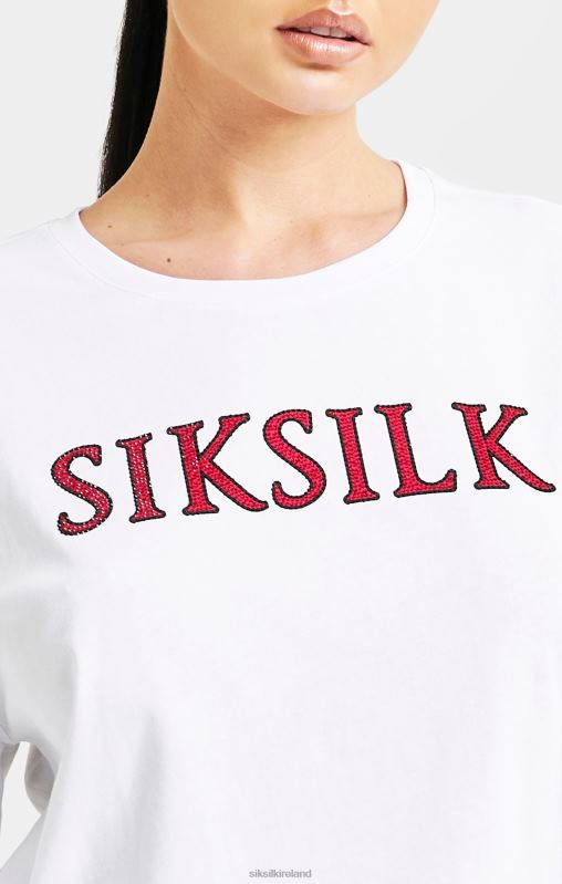 SikSilk Women White Sparkle Boxy Crop T-Shirt XTFJ35 Apparel