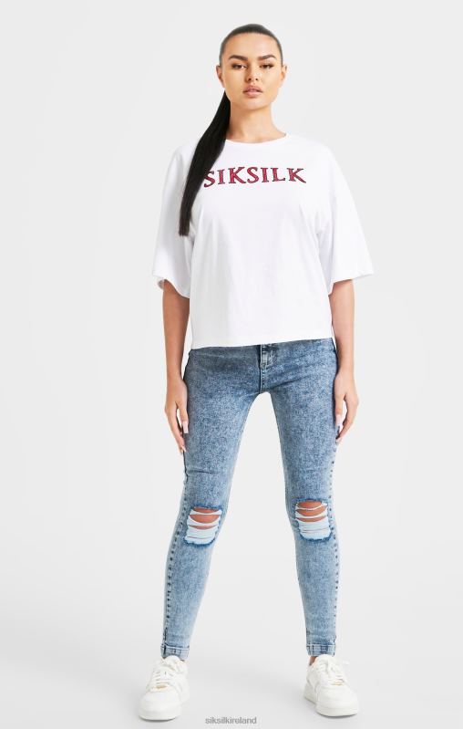 SikSilk Women White Sparkle Boxy Crop T-Shirt XTFJ35 Apparel