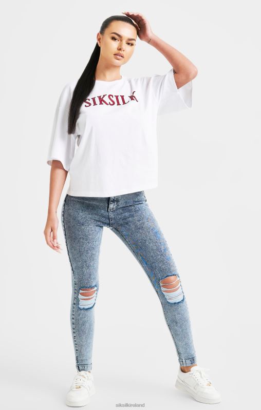 SikSilk Women White Sparkle Boxy Crop T-Shirt XTFJ35 Apparel